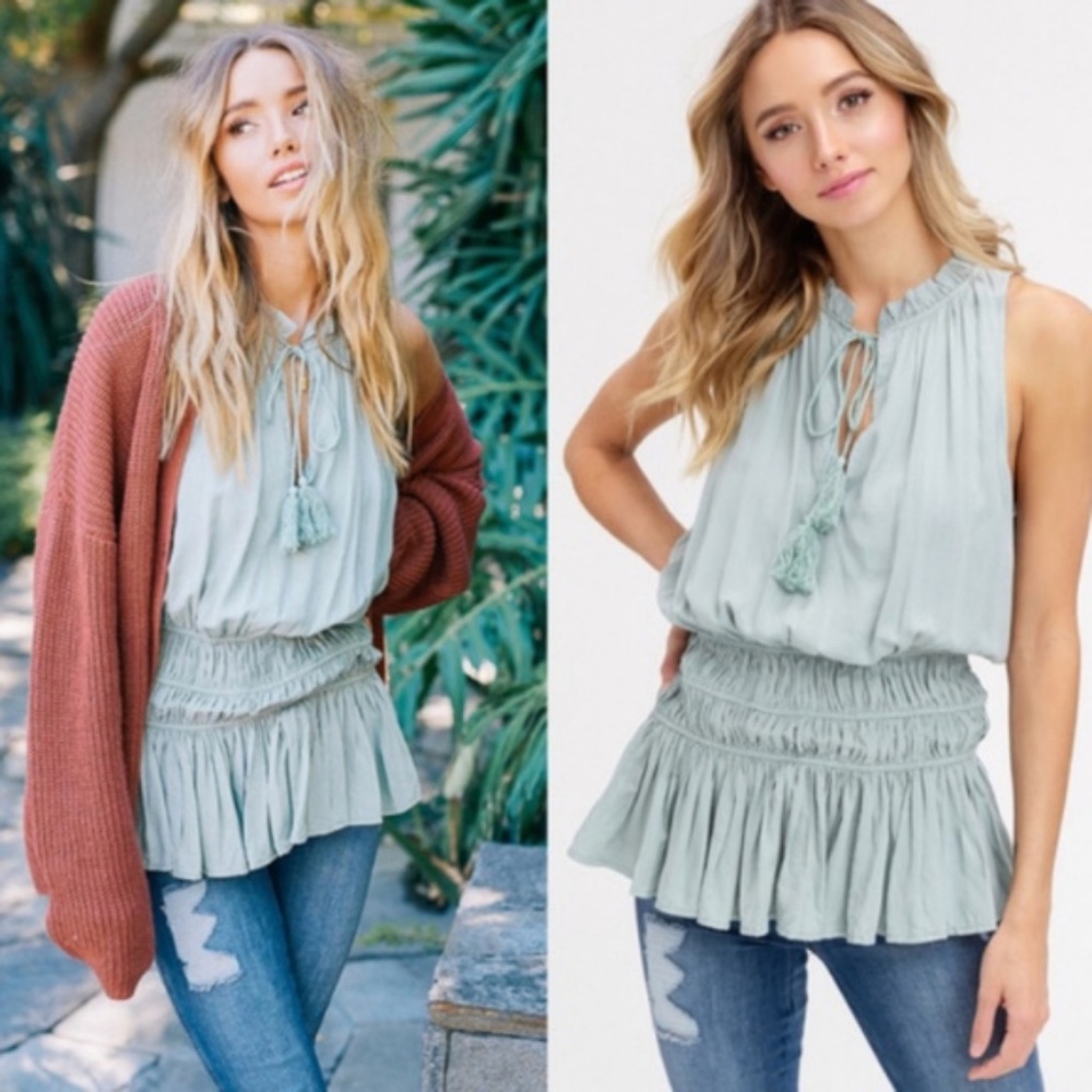 Solid Frill tie Neck Tassel sleeveless top - Picture 3 of 5
